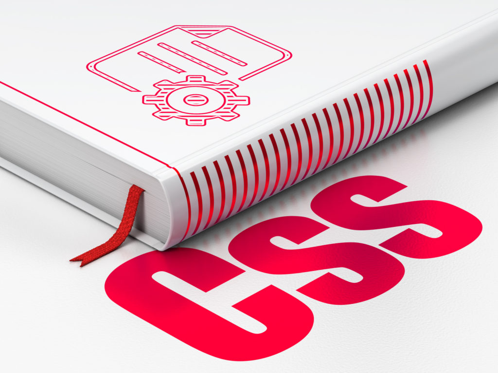 Software concept: closed book with Red Gear icon and text Css on floor, white background, 3D rendering